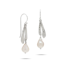 Load image into Gallery viewer, Waxing Poetic Ode To A Pearl Double Drop Silver Earrings
