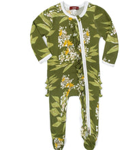 Load image into Gallery viewer, Milkbarn Ruffle Zipper Footed Romper, Green Floral
