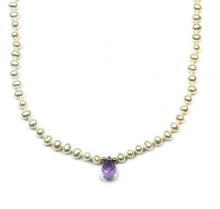 Load image into Gallery viewer, Cristina V Little Ladies Pearl Necklace with Gemstone Drop (Aquamarine, Rose Quartz)
